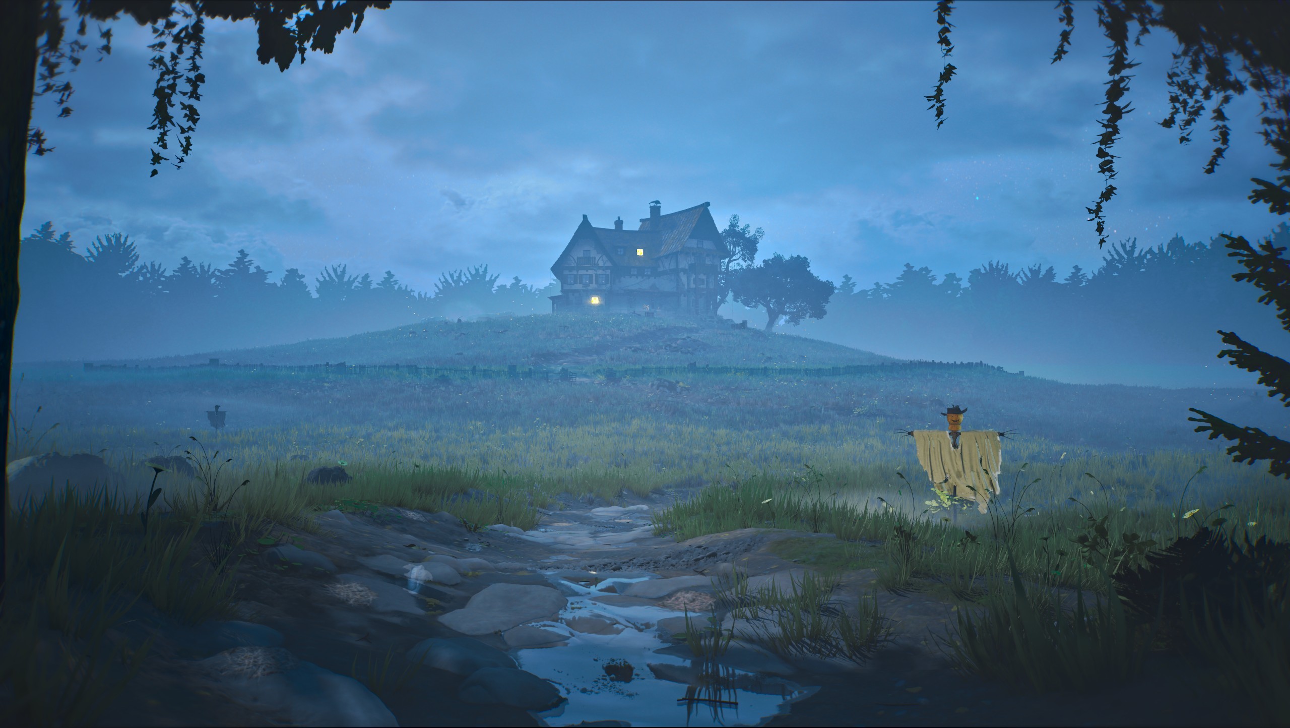 Moody exterior night shot of the timbered house silhouette